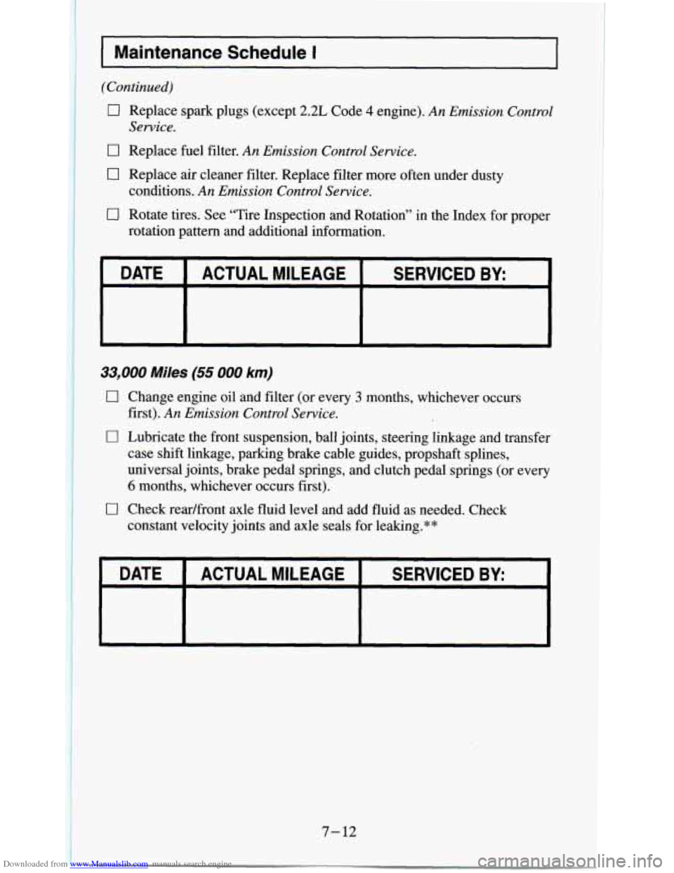 CHEVROLET S10 1995 2.G Owners Manual Downloaded from www.Manualslib.com manuals search engine i
I Maintenance Schedule I
(Continued)
0 Replace spark plugs (except 2.2L Code 4 engine). An Emission Control
0 Replace fuel filter. An CHEVROLET S10 1995 2.G Owners Manual Downloaded from www.Manualslib.com manuals search engine i
I Maintenance Schedule I
(Continued)
0 Replace spark plugs (except 2.2L Code 4 engine). An Emission Control
0 Replace fuel filter. An