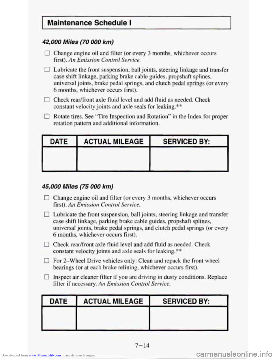 CHEVROLET S10 1995 2.G Owners Manual Downloaded from www.Manualslib.com manuals search engine Maintenance Schedule I
42,000 Miles (70 000 km)
0 Change engine oil and filter (or every 3 months, whichever occurs
0 Lubricate the fron CHEVROLET S10 1995 2.G Owners Manual Downloaded from www.Manualslib.com manuals search engine Maintenance Schedule I
42,000 Miles (70 000 km)
0 Change engine oil and filter (or every 3 months, whichever occurs
0 Lubricate the fron