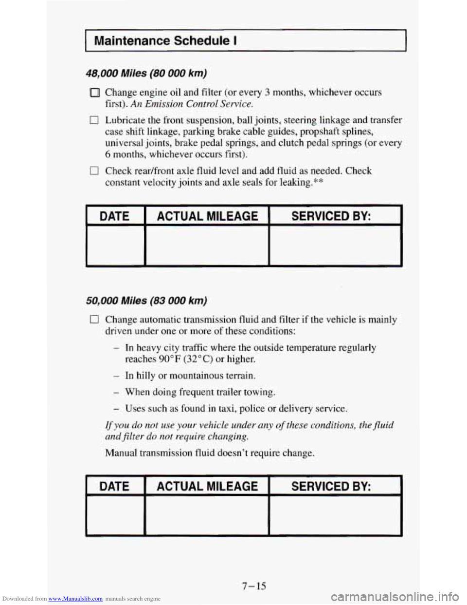 CHEVROLET S10 1995 2.G Owners Manual Downloaded from www.Manualslib.com manuals search engine I Maintenance Schedule I
48,000 Miles (80 000 km)
Change engine oil and filter (or every 3 months, whichever occurs
0 Lubricate the fr CHEVROLET S10 1995 2.G Owners Manual Downloaded from www.Manualslib.com manuals search engine I Maintenance Schedule I
48,000 Miles (80 000 km)
Change engine oil and filter (or every 3 months, whichever occurs
0 Lubricate the fr