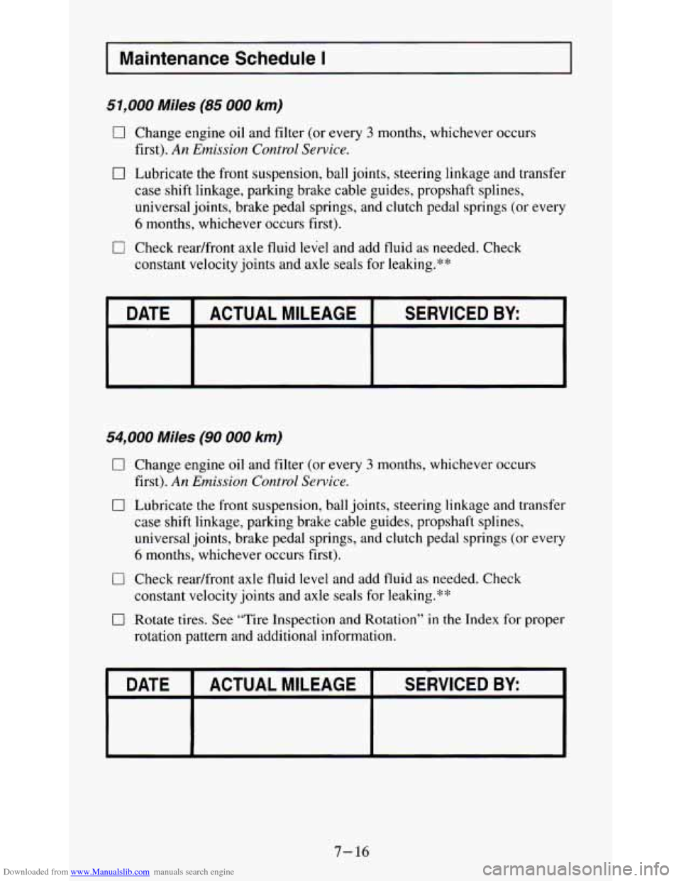 CHEVROLET S10 1995 2.G Owners Manual Downloaded from www.Manualslib.com manuals search engine I Maintenance Schedule I
51,000 Miles (85 000 km)
0 Change engine oil and filter (or every 3 months, whichever occurs
first).
An Emiss CHEVROLET S10 1995 2.G Owners Manual Downloaded from www.Manualslib.com manuals search engine I Maintenance Schedule I
51,000 Miles (85 000 km)
0 Change engine oil and filter (or every 3 months, whichever occurs
first).
An Emiss