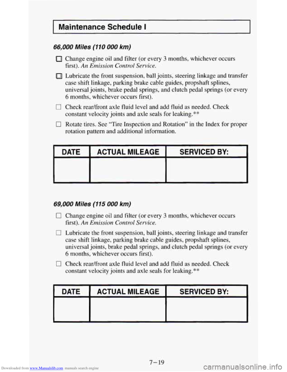 CHEVROLET S10 1995 2.G Owners Manual Downloaded from www.Manualslib.com manuals search engine Maintenance Schedule I
66,000 Miles (110 000 km)
Change engine oil and filter (or every 3 months, whichever occurs
first).
An Emission C CHEVROLET S10 1995 2.G Owners Manual Downloaded from www.Manualslib.com manuals search engine Maintenance Schedule I
66,000 Miles (110 000 km)
Change engine oil and filter (or every 3 months, whichever occurs
first).
An Emission C