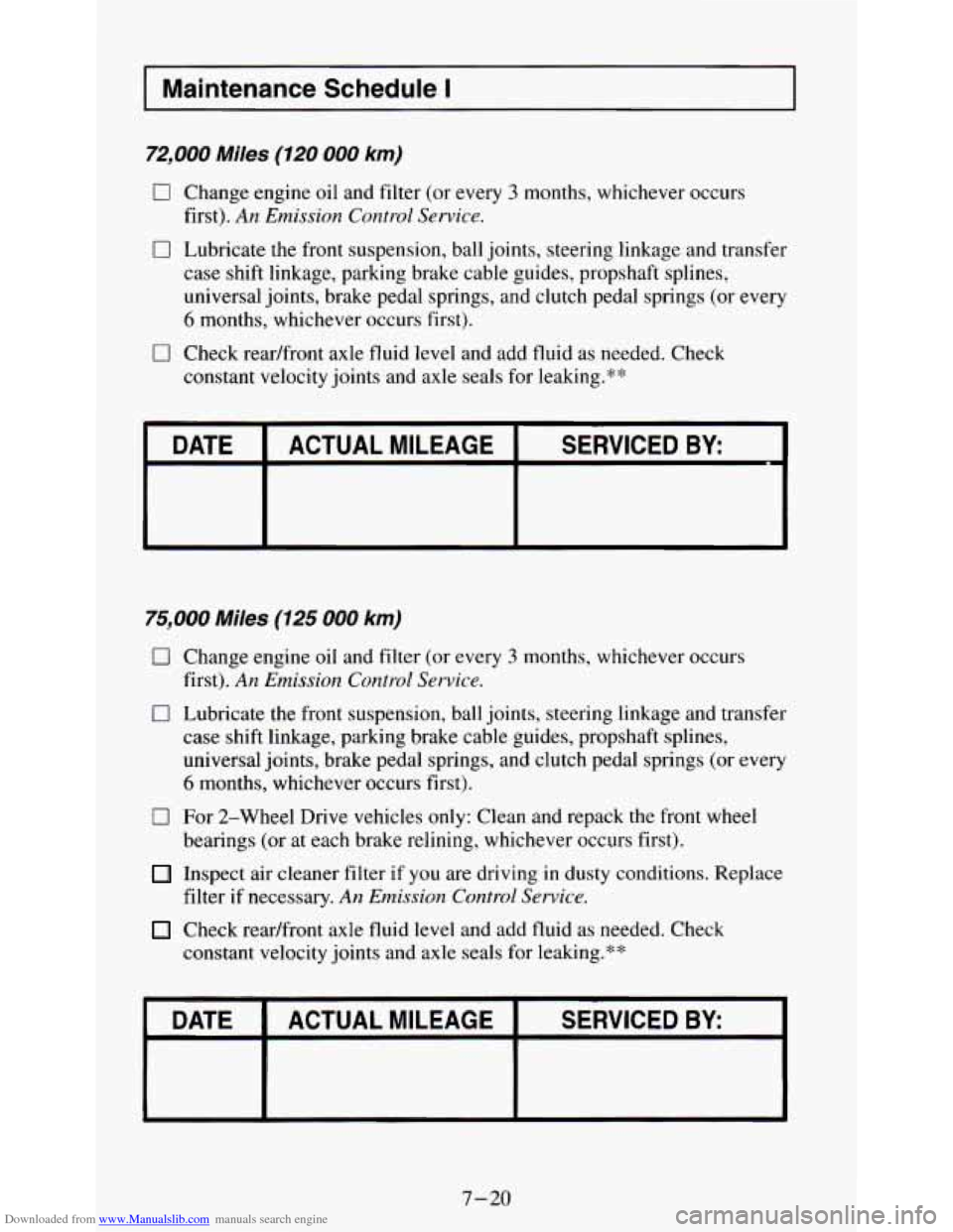 CHEVROLET S10 1995 2.G Owners Manual Downloaded from www.Manualslib.com manuals search engine Maintenance Schedule I
72,000 Miles (120 000 km)
0 Change engine oil and filter (or every 3 months, whichever occurs
first).
An Emissio CHEVROLET S10 1995 2.G Owners Manual Downloaded from www.Manualslib.com manuals search engine Maintenance Schedule I
72,000 Miles (120 000 km)
0 Change engine oil and filter (or every 3 months, whichever occurs
first).
An Emissio