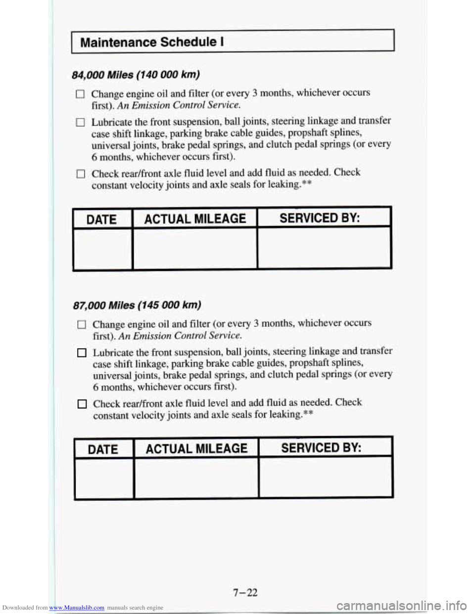 CHEVROLET S10 1995 2.G Owners Manual Downloaded from www.Manualslib.com manuals search engine 11 I Maintenance Schedule I
84,000 Miles (140 000 km)
0 Change engine oil and filter (or every 3 months, whichever occurs
first).
An Emi CHEVROLET S10 1995 2.G Owners Manual Downloaded from www.Manualslib.com manuals search engine 11 I Maintenance Schedule I
84,000 Miles (140 000 km)
0 Change engine oil and filter (or every 3 months, whichever occurs
first).
An Emi