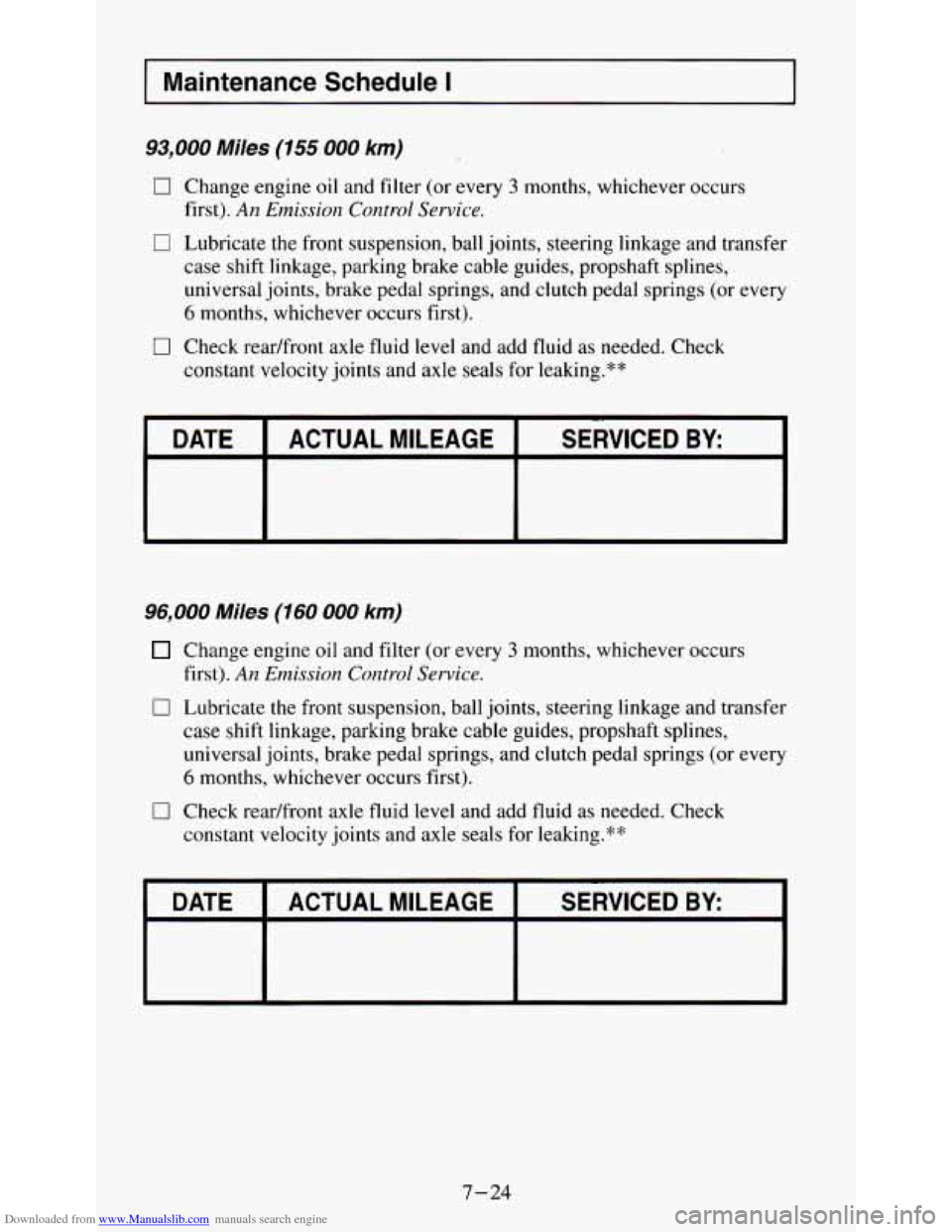 CHEVROLET S10 1995 2.G Owners Manual Downloaded from www.Manualslib.com manuals search engine 93,000 Miles (155 000 km)
0 Change engine oil and filter (or every 3 months, whichever occurs
0 Lubricate the front suspension, ball jo CHEVROLET S10 1995 2.G Owners Manual Downloaded from www.Manualslib.com manuals search engine 93,000 Miles (155 000 km)
0 Change engine oil and filter (or every 3 months, whichever occurs
0 Lubricate the front suspension, ball jo