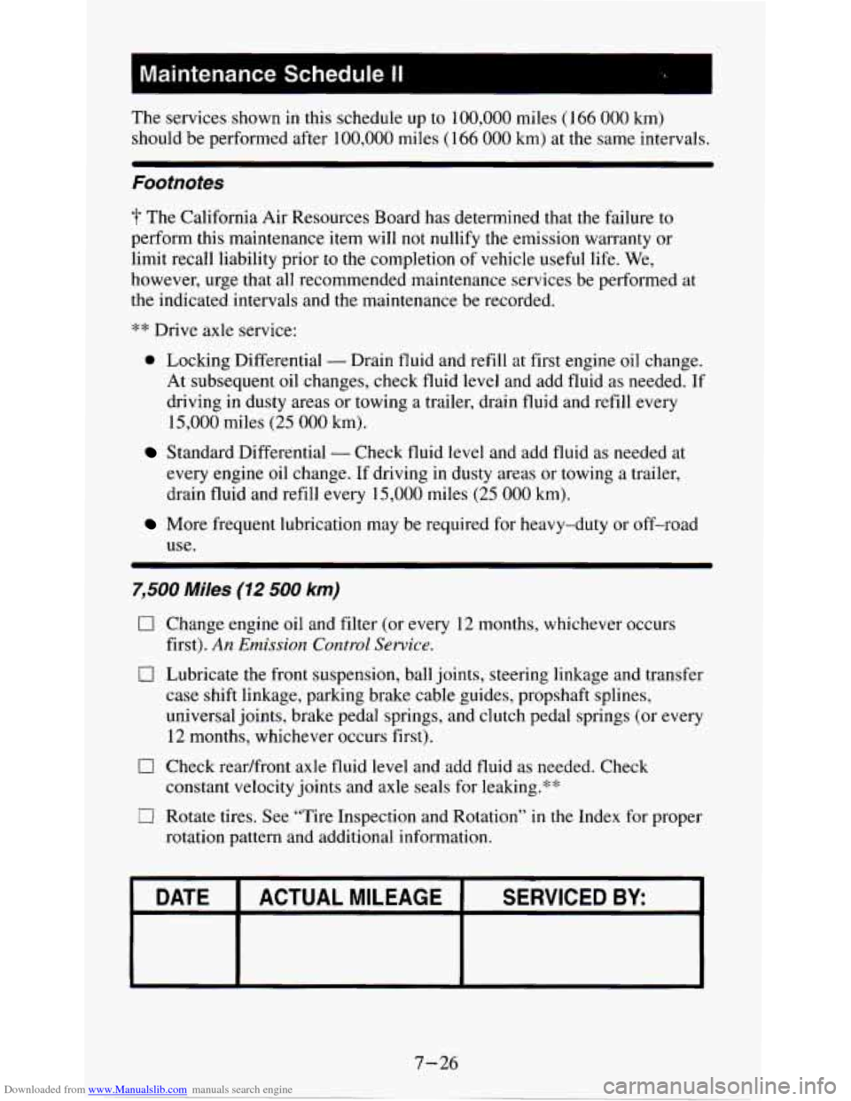 CHEVROLET S10 1995 2.G Owners Manual Downloaded from www.Manualslib.com manuals search engine The services shown in this schedule up to 100,000 miles (166 000 km)
should be performed after 100,000 miles (166
000 km) at the CHEVROLET S10 1995 2.G Owners Manual Downloaded from www.Manualslib.com manuals search engine The services shown in this schedule up to 100,000 miles (166 000 km)
should be performed after 100,000 miles (166
000 km) at the