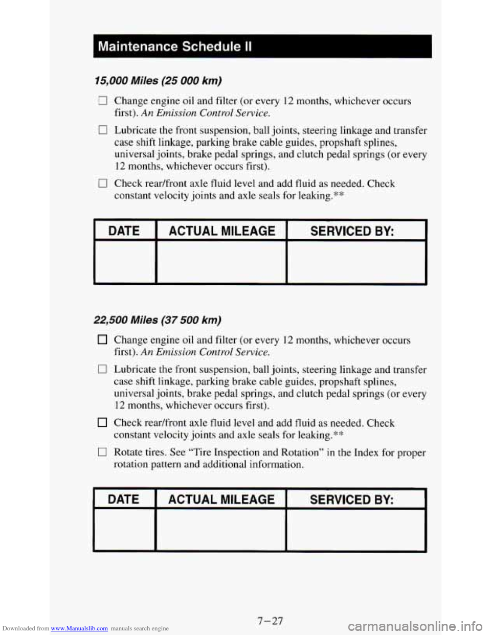 CHEVROLET S10 1995 2.G Owners Manual Downloaded from www.Manualslib.com manuals search engine Maintenance Schedule II
15,000 Miles (25 000 km)
0 Change engine oil and filter (or every 12 months, whichever occurs
first).
An Emissio CHEVROLET S10 1995 2.G Owners Manual Downloaded from www.Manualslib.com manuals search engine Maintenance Schedule II
15,000 Miles (25 000 km)
0 Change engine oil and filter (or every 12 months, whichever occurs
first).
An Emissio