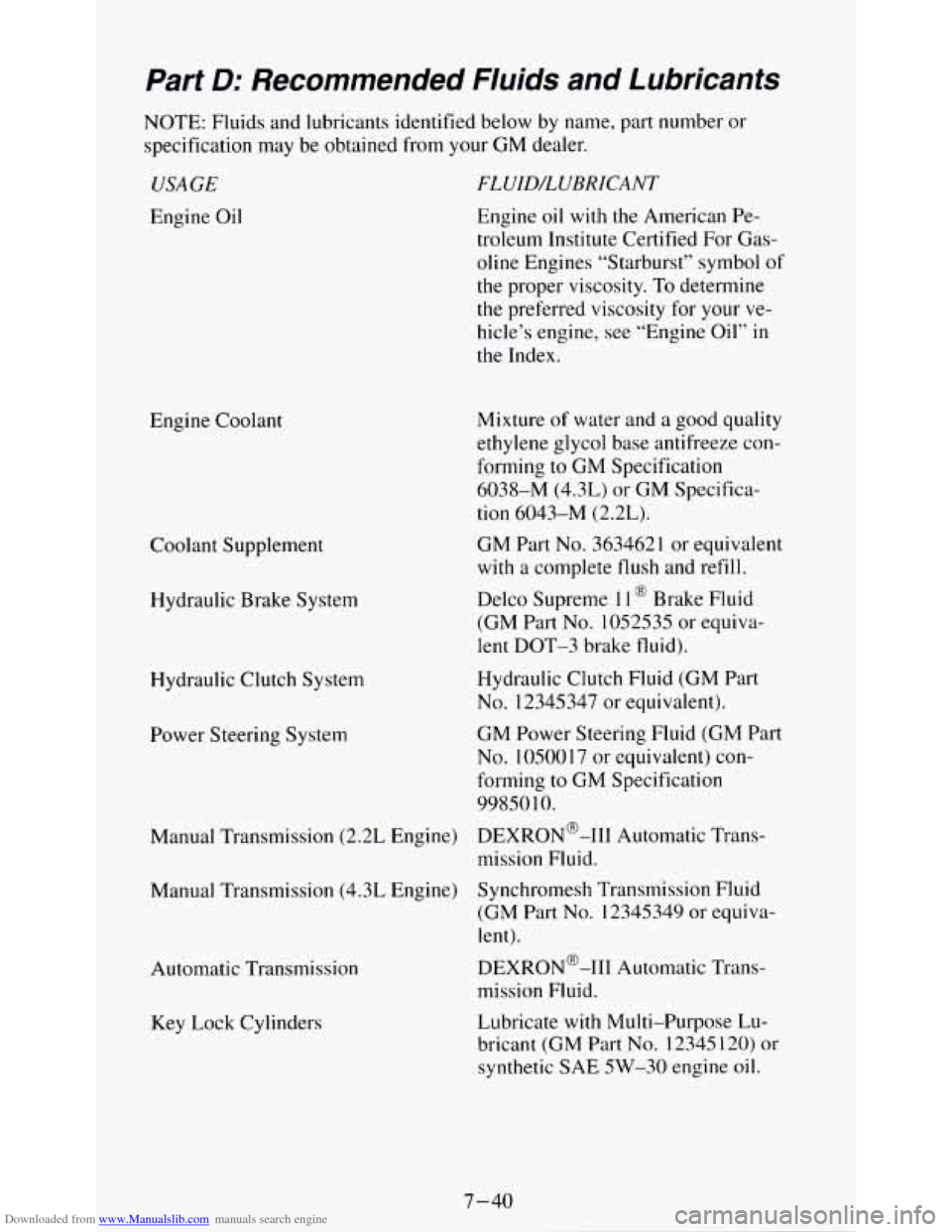 CHEVROLET S10 1995 2.G Owners Manual Downloaded from www.Manualslib.com manuals search engine Part D: Recommended Fluids and Lubricants
NOTE: Fluids and lubricants identified below by name, part number or
specification may CHEVROLET S10 1995 2.G Owners Manual Downloaded from www.Manualslib.com manuals search engine Part D: Recommended Fluids and Lubricants
NOTE: Fluids and lubricants identified below by name, part number or
specification may
