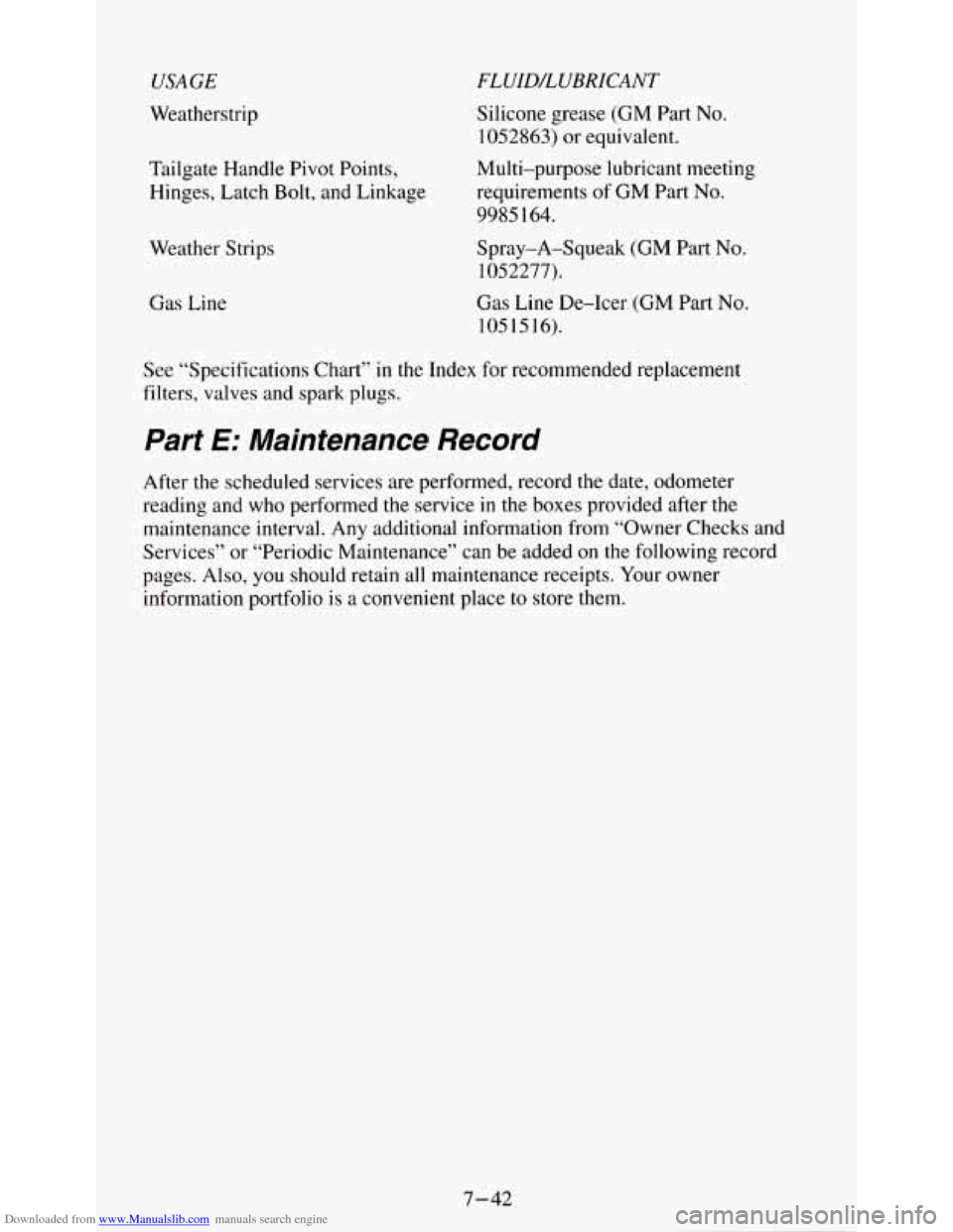 CHEVROLET S10 1995 2.G Owners Manual Downloaded from www.Manualslib.com manuals search engine USAGE
Weatherstrip
Tailgate Handle Pivot Points,
Hinges, Latch Bolt, and Linkage
Weather Strips
Gas Line
FLUILULUBRICANT
Silicone CHEVROLET S10 1995 2.G Owners Manual Downloaded from www.Manualslib.com manuals search engine USAGE
Weatherstrip
Tailgate Handle Pivot Points,
Hinges, Latch Bolt, and Linkage
Weather Strips
Gas Line
FLUILULUBRICANT
Silicone