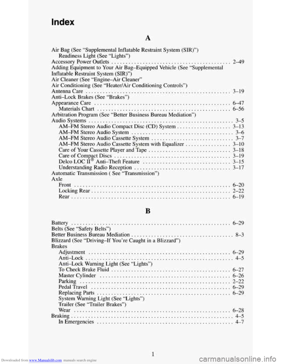 CHEVROLET S10 1995 2.G Owners Manual Downloaded from www.Manualslib.com manuals search engine Index 
A 
Air  Bag (See “Supplemental Inflatable Restraint System  (SIR)”) 
Accessory  Power Outlets 
.....................................