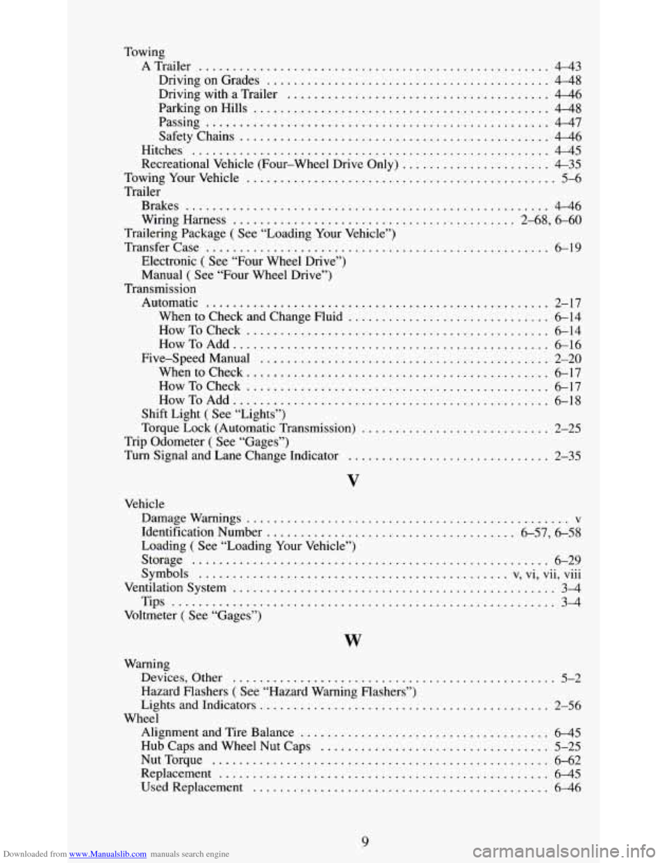 CHEVROLET S10 1995 2.G Owners Manual Downloaded from www.Manualslib.com manuals search engine Towing ATrailer 
.................................................... 4-43 
Driving on Grades 
.......................................... 4-48 