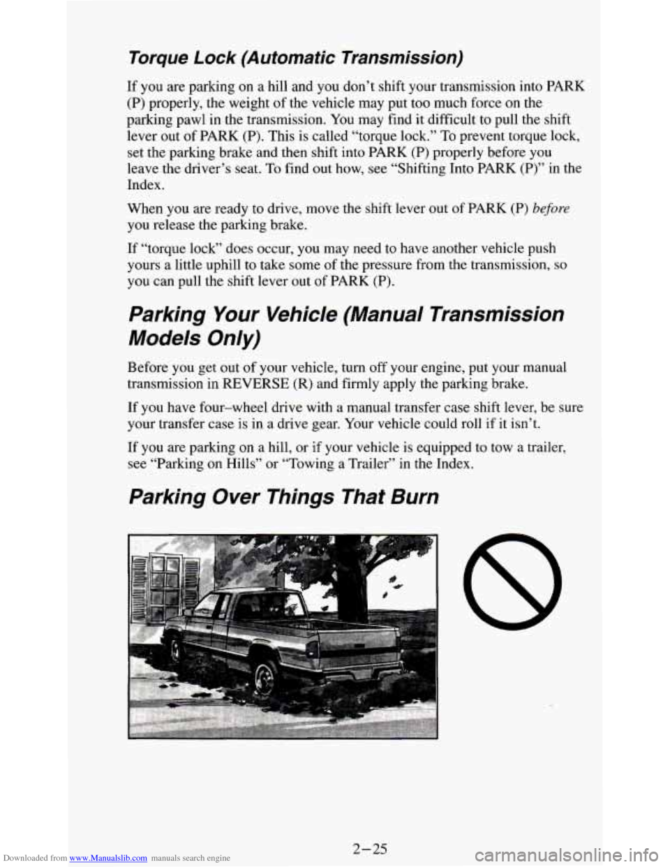 CHEVROLET S10 1995 2.G Owners Manual Downloaded from www.Manualslib.com manuals search engine Torque  Lock  (Automatic  Transmission) 
If you  are parking on a  hill  and you  don’t shift your  transmission into PARK 
(P) properly,  th