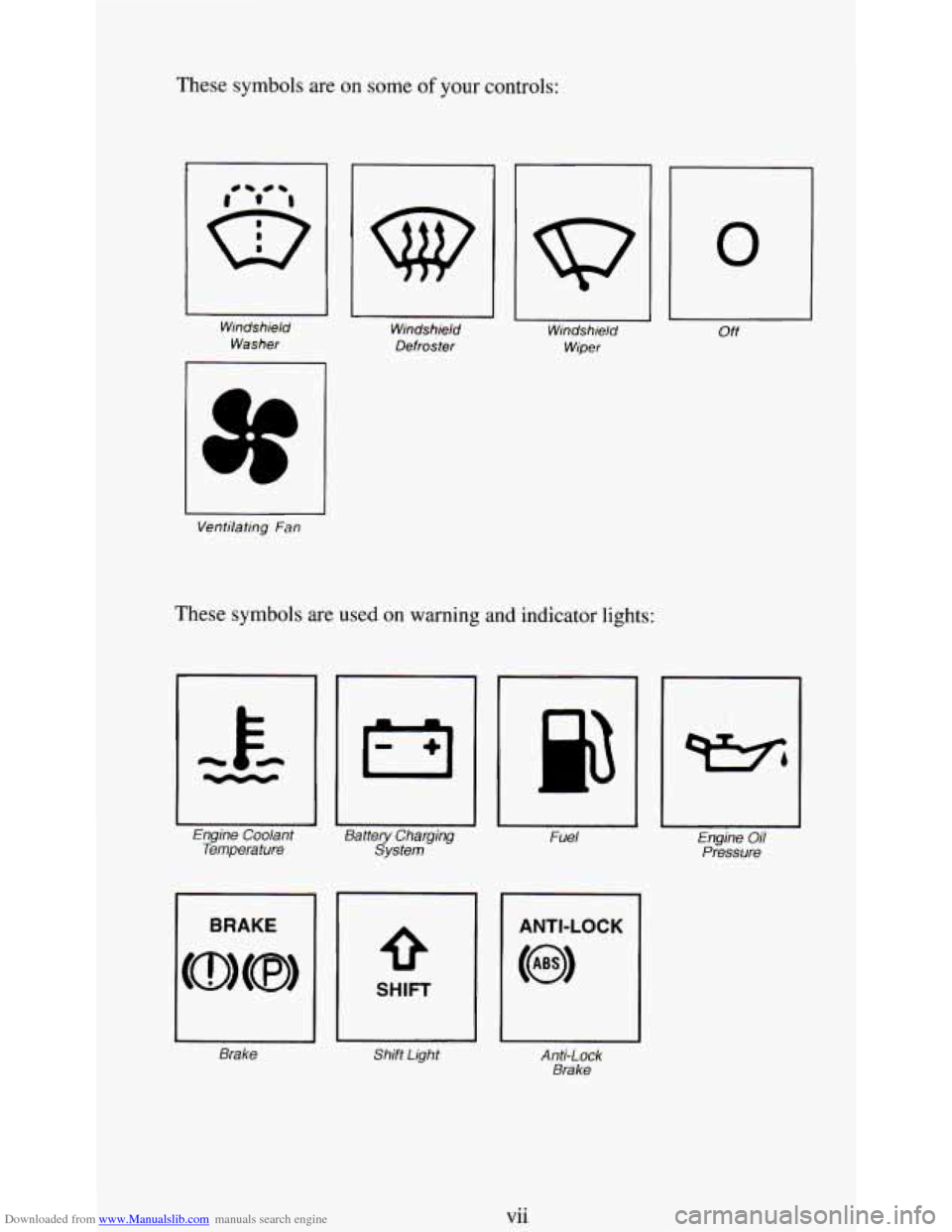 CHEVROLET S10 1995 2.G Owners Manual Downloaded from www.Manualslib.com manuals search engine These symbols are on some of your controls: 
Windshield 
Washer  Windshield 
Defroster  Windshield 
Wiper 
Ventilating 
Fan 
These symbols are 