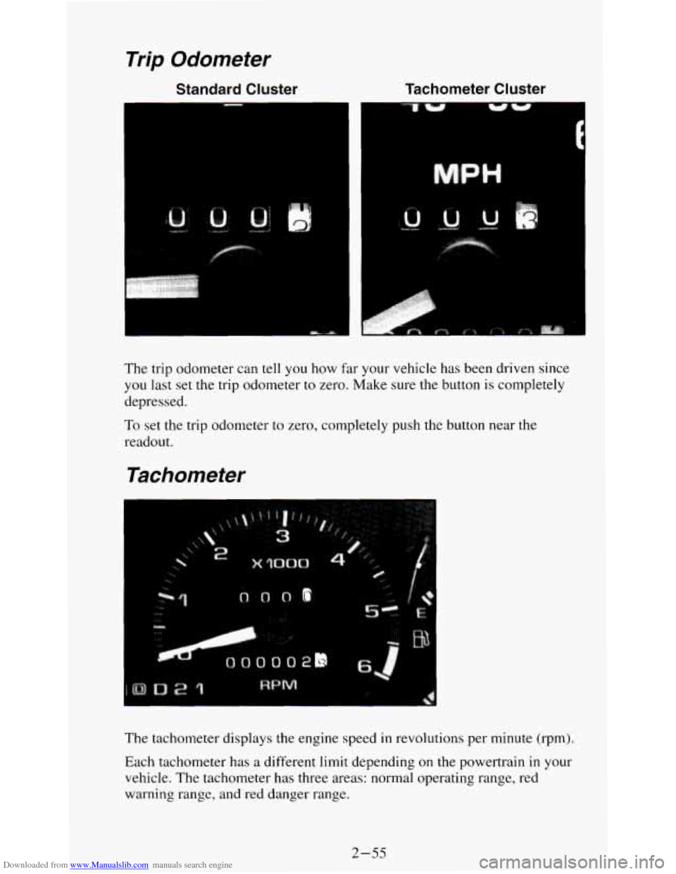 CHEVROLET S10 1995 2.G Owners Manual Downloaded from www.Manualslib.com manuals search engine Trip Odometer 
Standard  Cluster 
The trip odometer can  tell you how far your  vehicle  has  been  driven  since 
you last  set  the trip odom