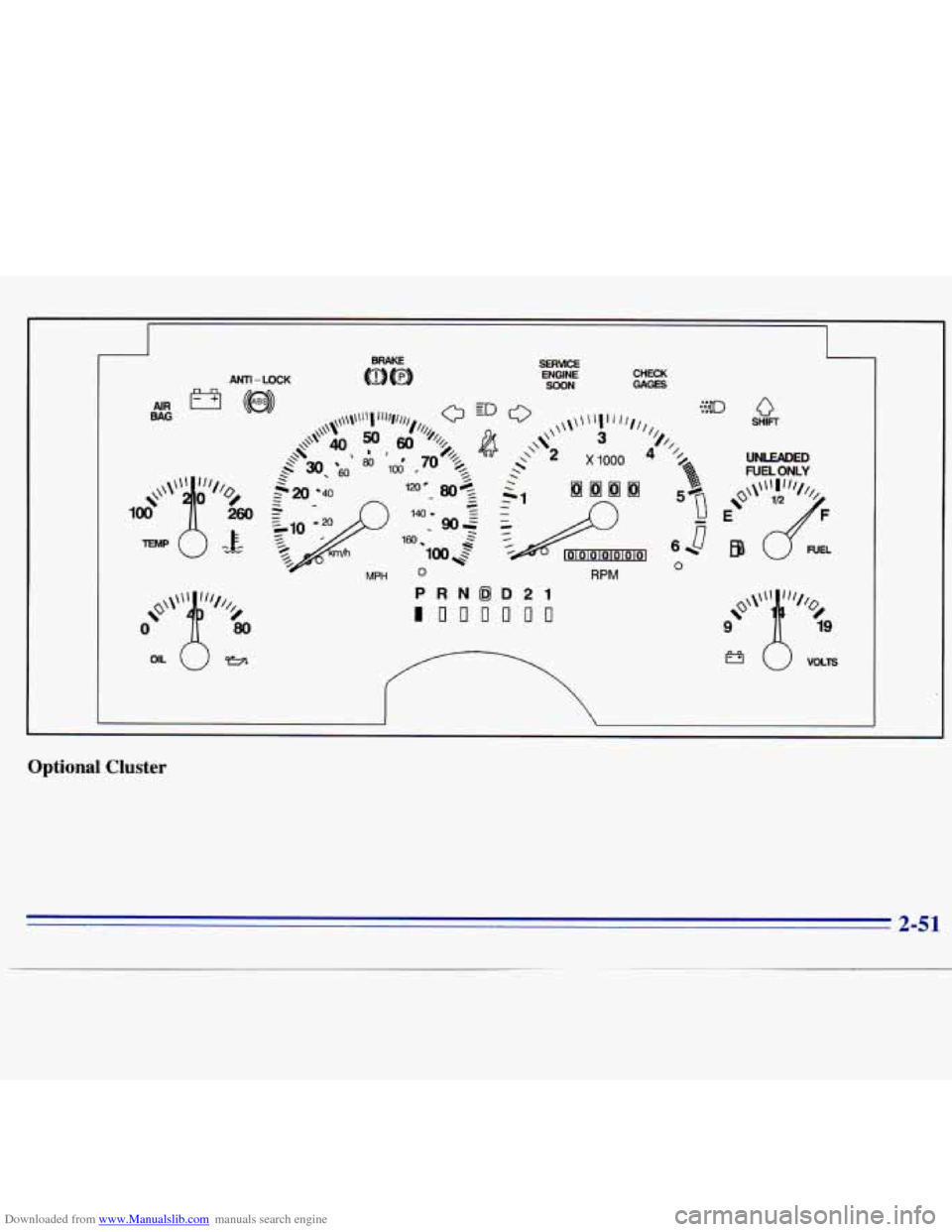 CHEVROLET S10 1996 2.G Owners Manual Downloaded from www.Manualslib.com manuals search engine ANTl- LOCK ENGINE SOON CHECK GAGES
RPM
Q SHIFT
/ UNLEADED
FUEL ONLY
0
Optional Cluster
2-51 CHEVROLET S10 1996 2.G Owners Manual Downloaded from www.Manualslib.com manuals search engine ANTl- LOCK ENGINE SOON CHECK GAGES
RPM
Q SHIFT
/ UNLEADED
FUEL ONLY
0
Optional Cluster
2-51