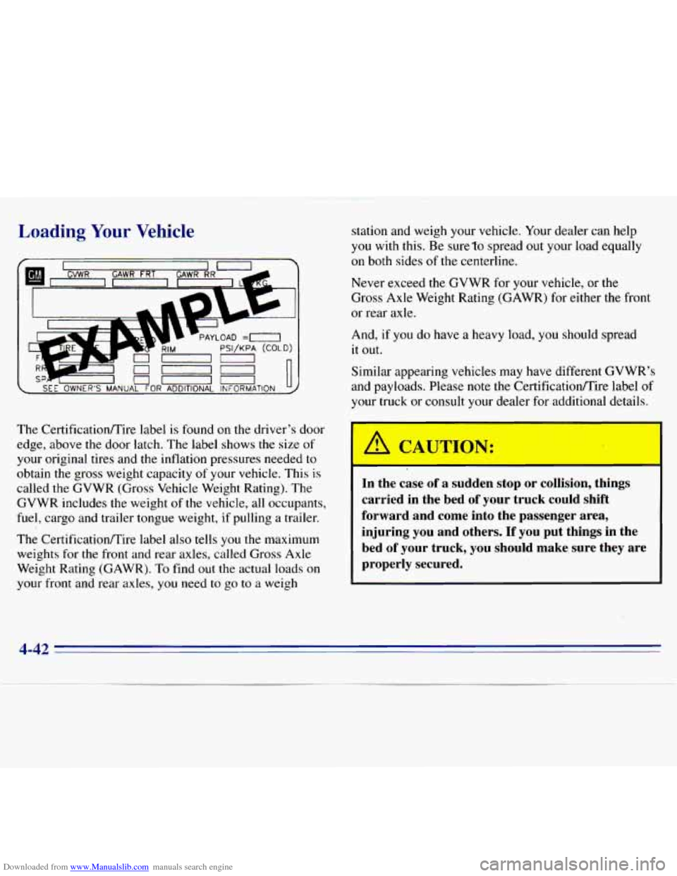 CHEVROLET S10 1996 2.G Owners Manual Downloaded from www.Manualslib.com manuals search engine Loading Your Vehicle
< SEE OWNERS MANUAL FOR ADDITIONAL INFORMATION uu-
The CertificatiodTire label is found on the drivers door
edge CHEVROLET S10 1996 2.G Owners Manual Downloaded from www.Manualslib.com manuals search engine Loading Your Vehicle
< SEE OWNERS MANUAL FOR ADDITIONAL INFORMATION uu-
The CertificatiodTire label is found on the drivers door
edge