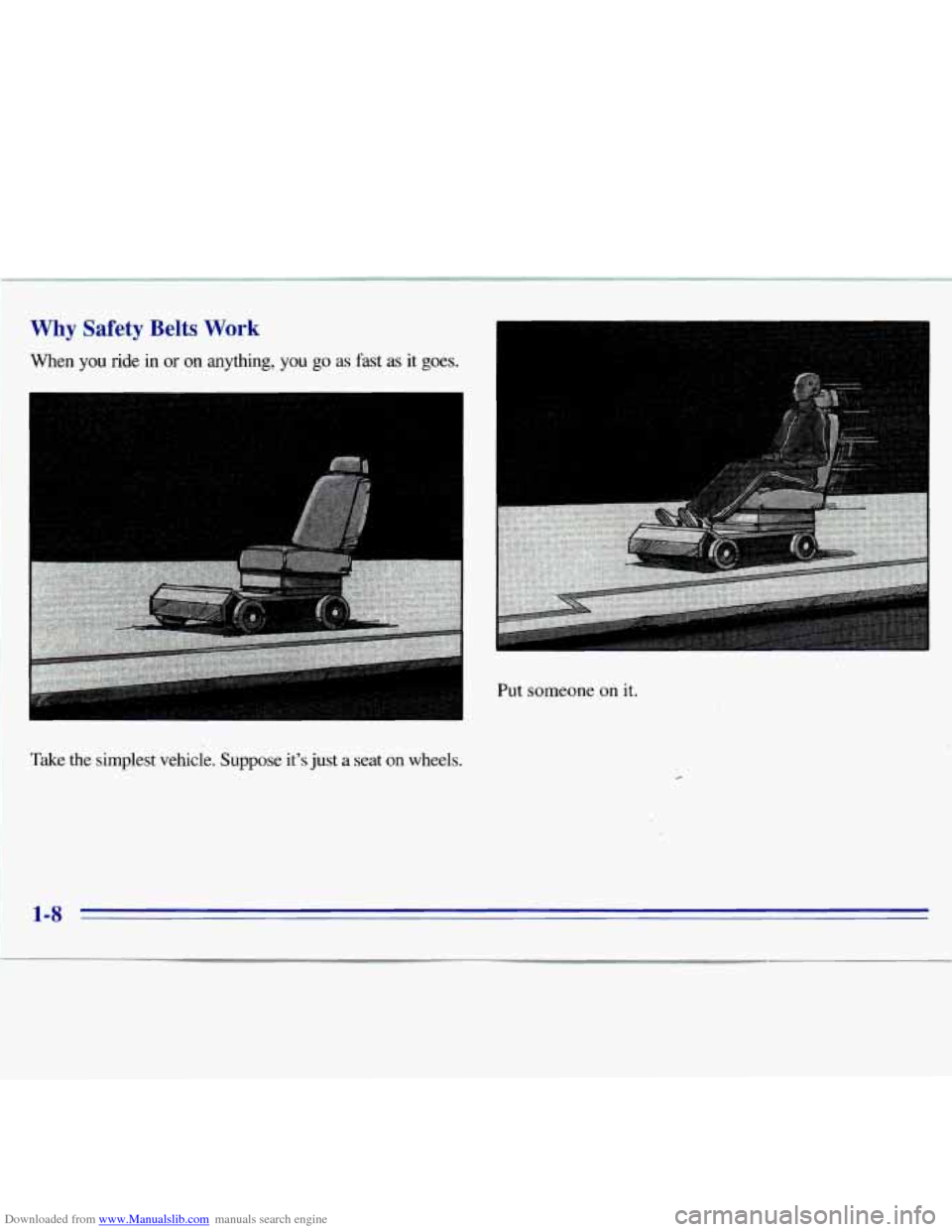 CHEVROLET S10 1996 2.G User Guide Downloaded from www.Manualslib.com manuals search engine Why  Safety  Belts  Work 
When  you  ride  in or on anything, you go as fast as it goes. 
Take  the  simplest  vehicle.  Suppose it’s just a 
