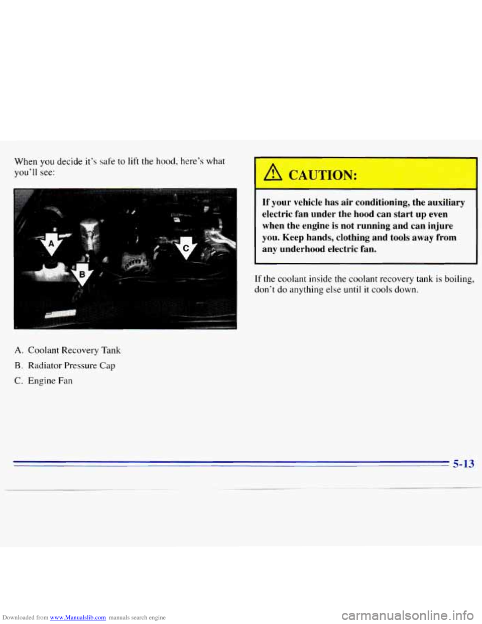 CHEVROLET S10 1996 2.G Owners Manual Downloaded from www.Manualslib.com manuals search engine When  you decide it’s safe to lift the hood,  here’s  what 
you’ll  see: 
If  your  vehicle  has  air conditioning,  the  auxiliary 
elec