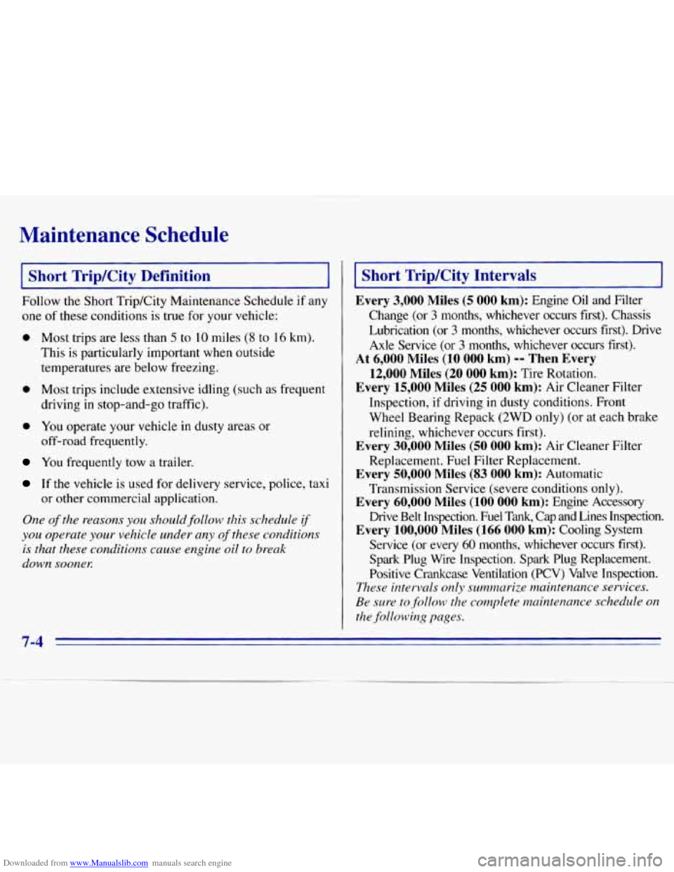 CHEVROLET S10 1996 2.G Owners Manual Downloaded from www.Manualslib.com manuals search engine Maintenance Schedule
I Short TripKity Definition
__~
Follow the Short TripKity Maintenance Schedule if any
one
of these conditions i CHEVROLET S10 1996 2.G Owners Manual Downloaded from www.Manualslib.com manuals search engine Maintenance Schedule
I Short TripKity Definition
__~
Follow the Short TripKity Maintenance Schedule if any
one
of these conditions i