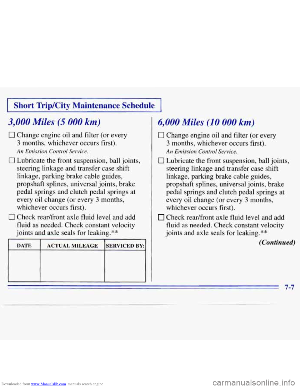 CHEVROLET S10 1996 2.G Owners Manual Downloaded from www.Manualslib.com manuals search engine I Short TripKity Maintenance Schedule I
3,000 Miles (5 000 km)
0 Change engine oil and filter (or every
3 months, whichever occurs first CHEVROLET S10 1996 2.G Owners Manual Downloaded from www.Manualslib.com manuals search engine I Short TripKity Maintenance Schedule I
3,000 Miles (5 000 km)
0 Change engine oil and filter (or every
3 months, whichever occurs first