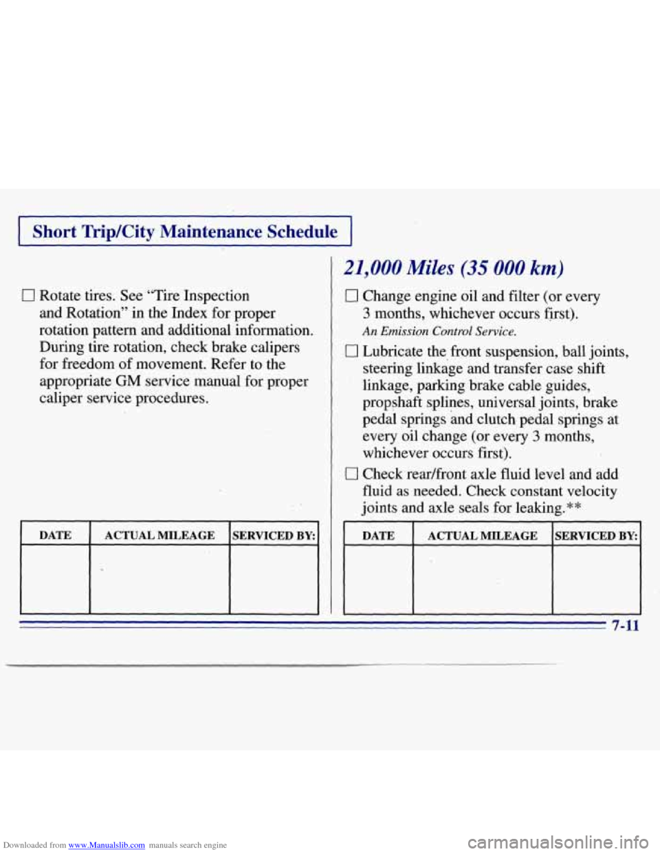 CHEVROLET S10 1996 2.G Owners Manual Downloaded from www.Manualslib.com manuals search engine I Short TripKity Maintenance Schedule I
0 Rotate tires. See “Tire Inspection
and Rotation’’ in the Index for proper
rotation pat CHEVROLET S10 1996 2.G Owners Manual Downloaded from www.Manualslib.com manuals search engine I Short TripKity Maintenance Schedule I
0 Rotate tires. See “Tire Inspection
and Rotation’’ in the Index for proper
rotation pat