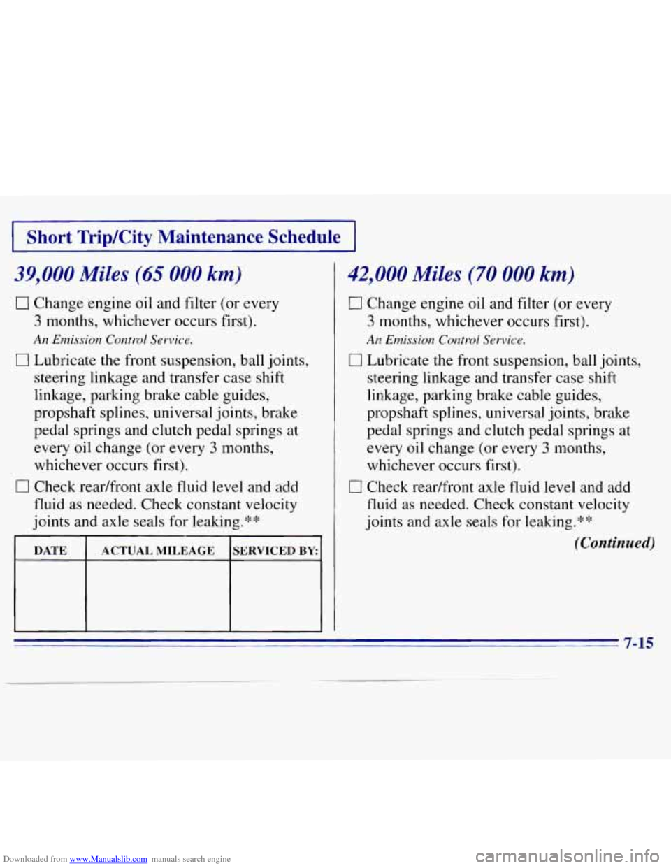 CHEVROLET S10 1996 2.G Owners Manual Downloaded from www.Manualslib.com manuals search engine 1 Short Trip/City Maintenance Schedule I
39,000 Miles (65 000 km)
0 Change engine oil and filter (or every
3 months, whichever occurs f CHEVROLET S10 1996 2.G Owners Manual Downloaded from www.Manualslib.com manuals search engine 1 Short Trip/City Maintenance Schedule I
39,000 Miles (65 000 km)
0 Change engine oil and filter (or every
3 months, whichever occurs f