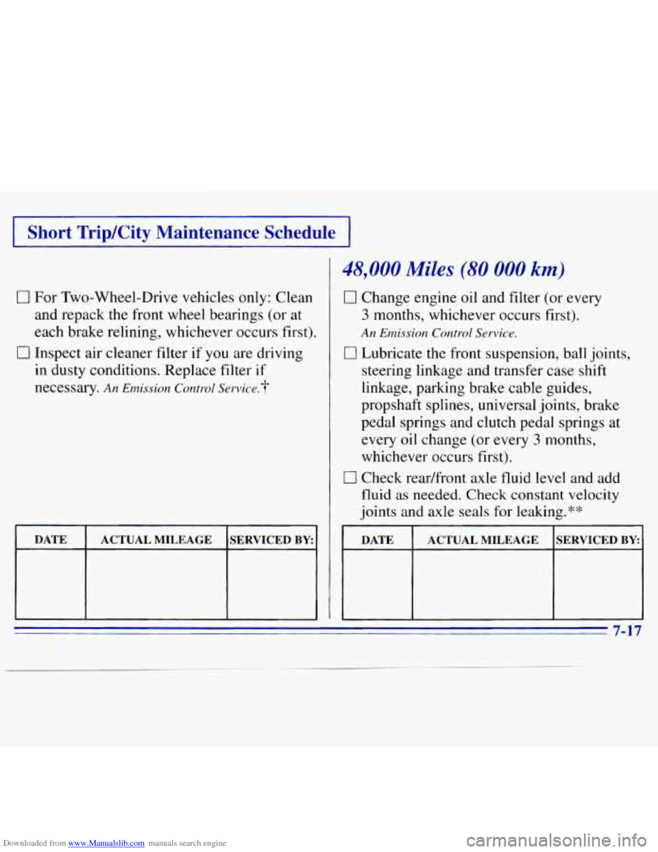 CHEVROLET S10 1996 2.G Owners Manual Downloaded from www.Manualslib.com manuals search engine I Short Trip/City Maintenance Schedule I
0 For Two-Wheel-Drive vehicles only: Clean
and repack the front wheel bearings (or at
each CHEVROLET S10 1996 2.G Owners Manual Downloaded from www.Manualslib.com manuals search engine I Short Trip/City Maintenance Schedule I
0 For Two-Wheel-Drive vehicles only: Clean
and repack the front wheel bearings (or at
each