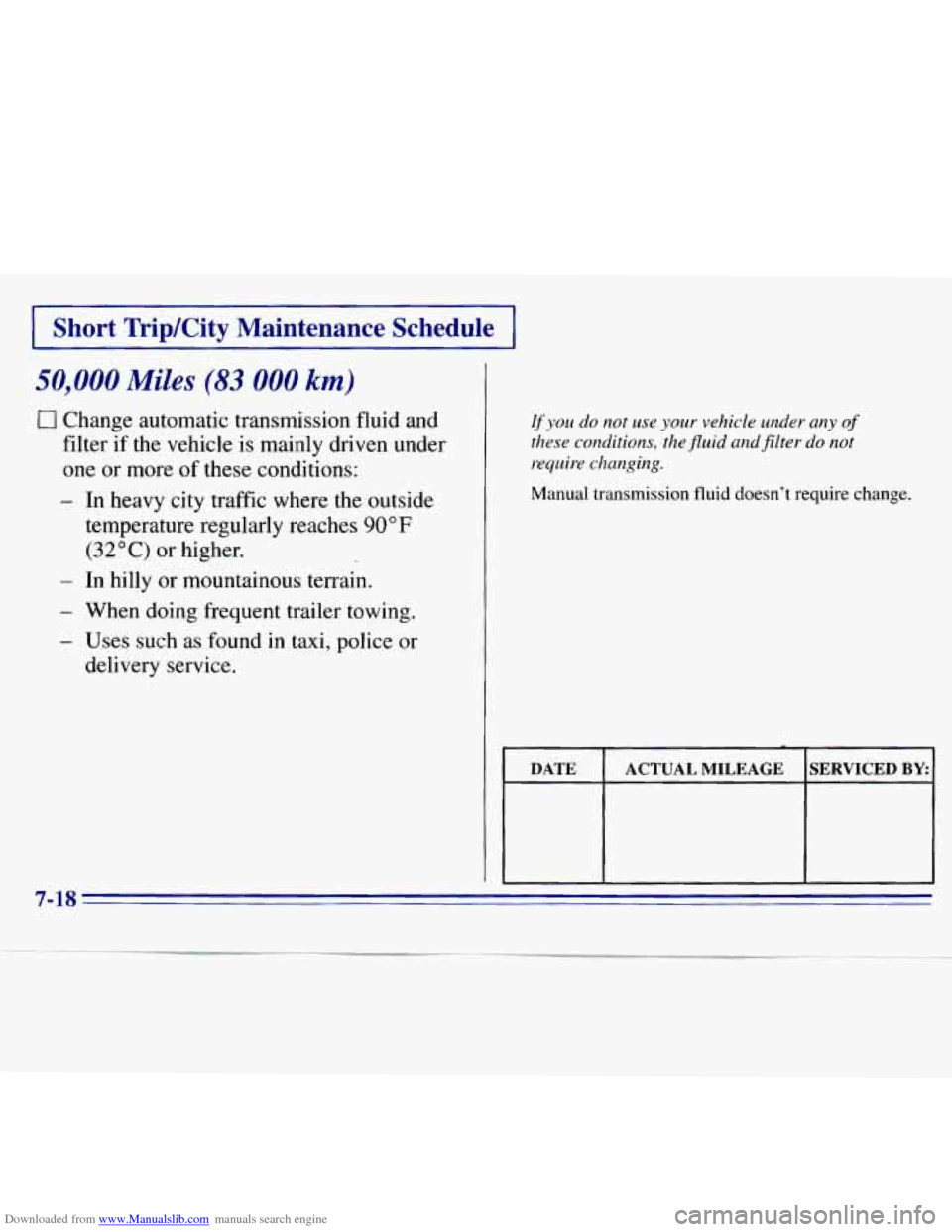 CHEVROLET S10 1996 2.G Owners Manual Downloaded from www.Manualslib.com manuals search engine I Short TripKity Maintenance Schedule I
50,000 Miles (83 000 km)
0 Change automatic transmission fluid and
filter
if the vehicle is ma CHEVROLET S10 1996 2.G Owners Manual Downloaded from www.Manualslib.com manuals search engine I Short TripKity Maintenance Schedule I
50,000 Miles (83 000 km)
0 Change automatic transmission fluid and
filter
if the vehicle is ma