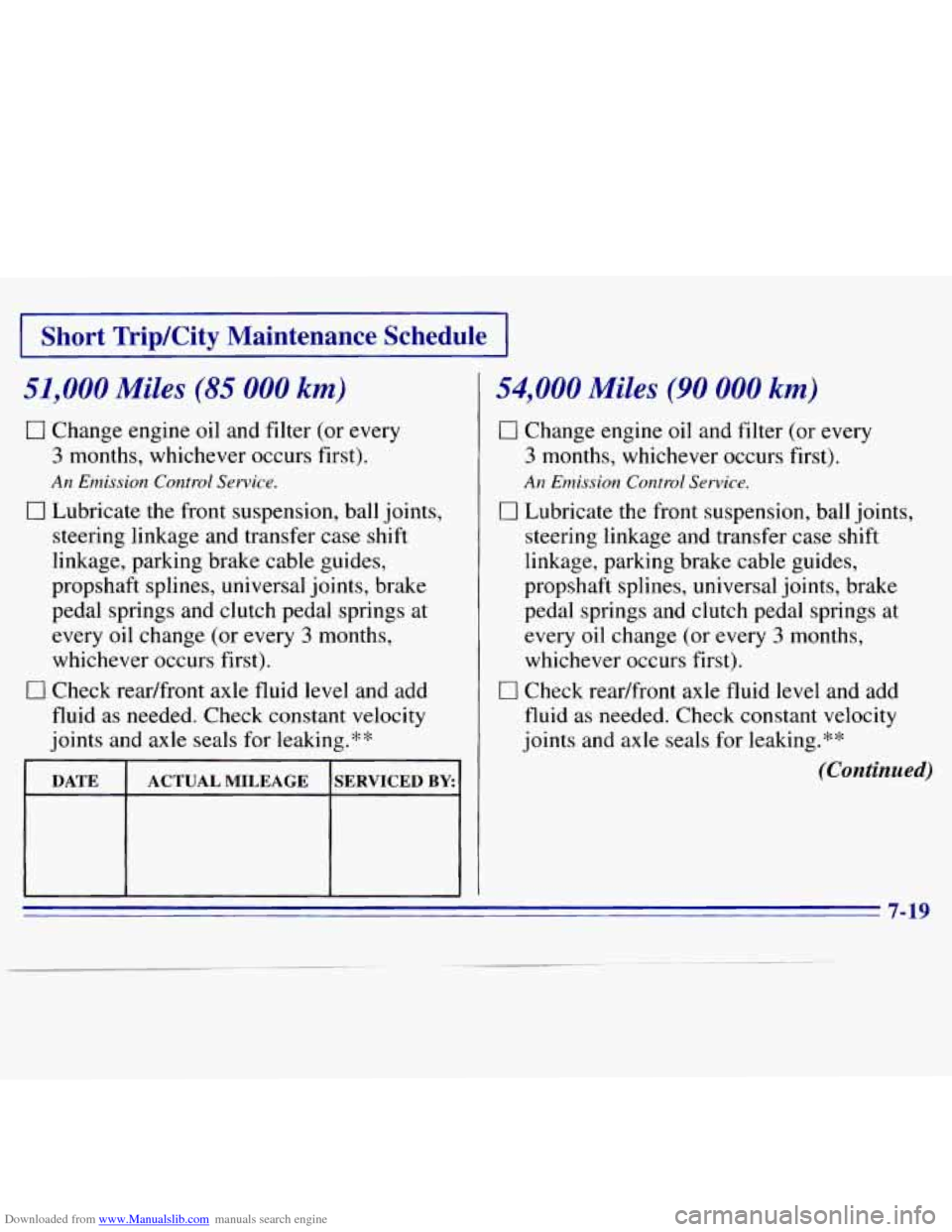 CHEVROLET S10 1996 2.G Owners Manual Downloaded from www.Manualslib.com manuals search engine I Short Trip/City Maintenance Schedule I
51,000 Miles (85 000 km)
0 Change engine oil and filter (or every
3 months, whichever occurs CHEVROLET S10 1996 2.G Owners Manual Downloaded from www.Manualslib.com manuals search engine I Short Trip/City Maintenance Schedule I
51,000 Miles (85 000 km)
0 Change engine oil and filter (or every
3 months, whichever occurs