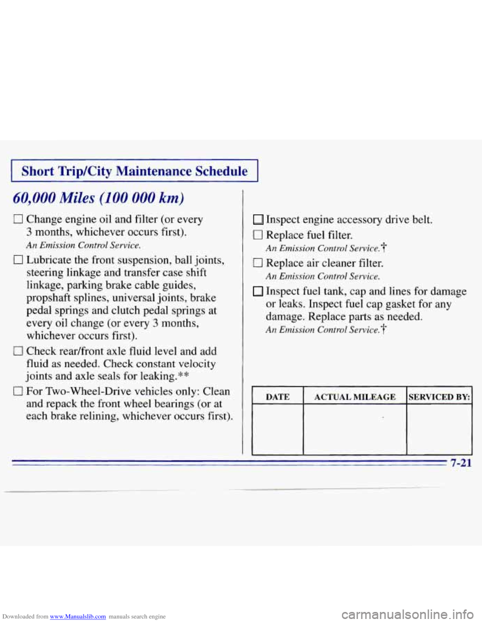 CHEVROLET S10 1996 2.G Service Manual Downloaded from www.Manualslib.com manuals search engine Short TripKity Maintenance  Schedule 
60,000 Miles (100 000 km) 
I7 Change engine oil  and filter (or  every 
3 months,  whichever  occurs firs