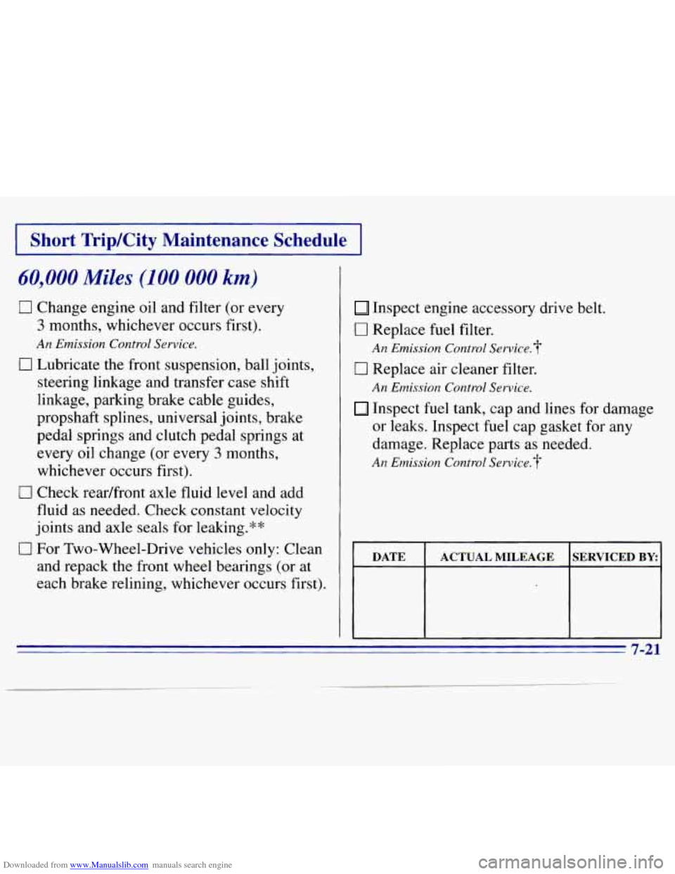 CHEVROLET S10 1996 2.G Owners Manual Downloaded from www.Manualslib.com manuals search engine Short TripKity Maintenance Schedule
60,000 Miles (100 000 km)
I7 Change engine oil and filter (or every
3 months, whichever occurs firs CHEVROLET S10 1996 2.G Owners Manual Downloaded from www.Manualslib.com manuals search engine Short TripKity Maintenance Schedule
60,000 Miles (100 000 km)
I7 Change engine oil and filter (or every
3 months, whichever occurs firs