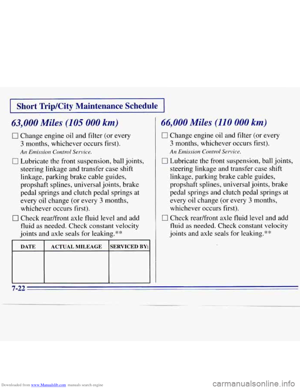 CHEVROLET S10 1996 2.G Owners Manual Downloaded from www.Manualslib.com manuals search engine I Short Trip/City Maintenance Schedule I
63,000 Miles (105 000 km)
0 Change engine oil and filter (or every
3 months, whichever occurs CHEVROLET S10 1996 2.G Owners Manual Downloaded from www.Manualslib.com manuals search engine I Short Trip/City Maintenance Schedule I
63,000 Miles (105 000 km)
0 Change engine oil and filter (or every
3 months, whichever occurs