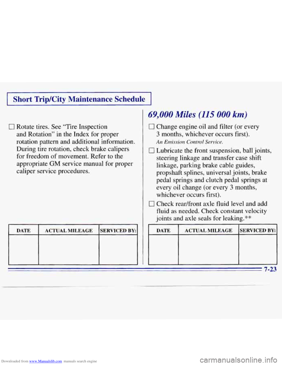 CHEVROLET S10 1996 2.G Owners Manual Downloaded from www.Manualslib.com manuals search engine I Short TripKity Maintenance Schedule I
0 Rotate tires. See “Tire Inspection
and Rotation” in the Index for proper
rotation pa CHEVROLET S10 1996 2.G Owners Manual Downloaded from www.Manualslib.com manuals search engine I Short TripKity Maintenance Schedule I
0 Rotate tires. See “Tire Inspection
and Rotation” in the Index for proper
rotation pa