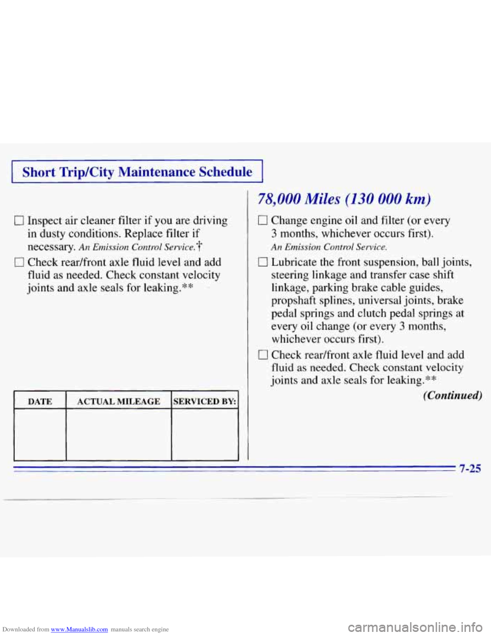 CHEVROLET S10 1996 2.G Owners Manual Downloaded from www.Manualslib.com manuals search engine I Short Trip/City Maintenance Schedule I
0 Inspect air cleaner filter if you are driving
in dusty conditions. Replace filter if
necess CHEVROLET S10 1996 2.G Owners Manual Downloaded from www.Manualslib.com manuals search engine I Short Trip/City Maintenance Schedule I
0 Inspect air cleaner filter if you are driving
in dusty conditions. Replace filter if
necess