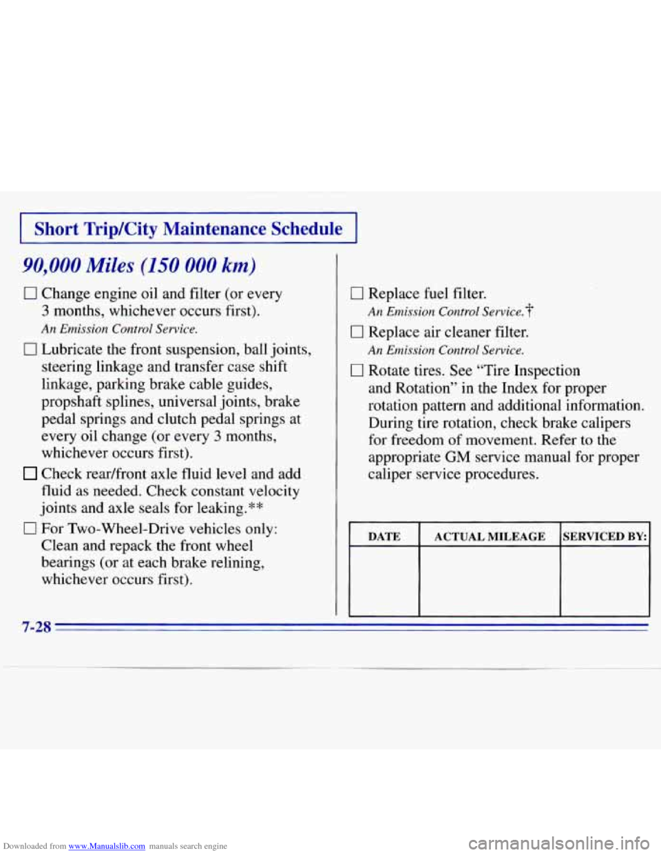 CHEVROLET S10 1996 2.G Owners Manual Downloaded from www.Manualslib.com manuals search engine I Short TripKity Maintenance Schedule I
90,000 Miles (150 000 km)
0 Change engine oil and filter (or every
3 months, whichever occur CHEVROLET S10 1996 2.G Owners Manual Downloaded from www.Manualslib.com manuals search engine I Short TripKity Maintenance Schedule I
90,000 Miles (150 000 km)
0 Change engine oil and filter (or every
3 months, whichever occur