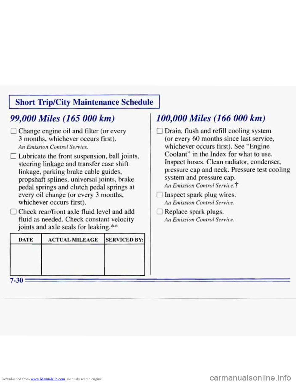 CHEVROLET S10 1996 2.G Owners Manual Downloaded from www.Manualslib.com manuals search engine I Short Trip/City Maintenance Schedule I
99,000 Miles (165 000 km)
0 Change engine oil and filter (or every
3 months, whichever occur CHEVROLET S10 1996 2.G Owners Manual Downloaded from www.Manualslib.com manuals search engine I Short Trip/City Maintenance Schedule I
99,000 Miles (165 000 km)
0 Change engine oil and filter (or every
3 months, whichever occur