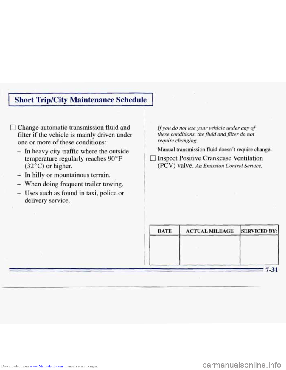 CHEVROLET S10 1996 2.G Owners Manual Downloaded from www.Manualslib.com manuals search engine I Short Trip/City Maintenance Schedule I
0 Change automatic transmission fluid and
filter
if the vehicle is mainly driven under
one
or CHEVROLET S10 1996 2.G Owners Manual Downloaded from www.Manualslib.com manuals search engine I Short Trip/City Maintenance Schedule I
0 Change automatic transmission fluid and
filter
if the vehicle is mainly driven under
one
or