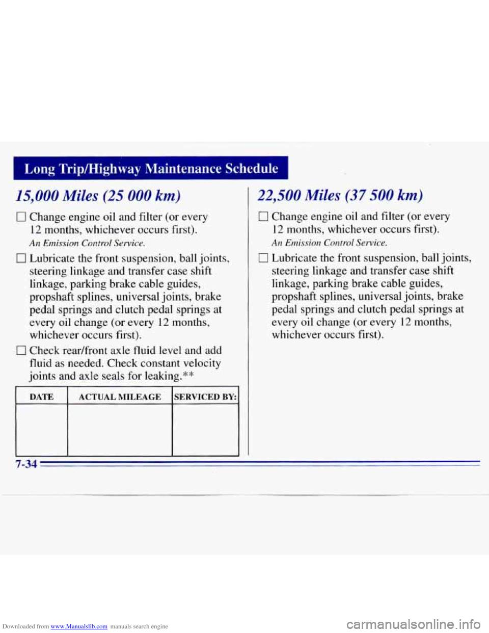 CHEVROLET S10 1996 2.G Owners Manual Downloaded from www.Manualslib.com manuals search engine 15,000 Miles (25 000 km)
0 Change engine oil and filter (or every
12 months, whichever occurs first).
An Emission Control Service.
0 L CHEVROLET S10 1996 2.G Owners Manual Downloaded from www.Manualslib.com manuals search engine 15,000 Miles (25 000 km)
0 Change engine oil and filter (or every
12 months, whichever occurs first).
An Emission Control Service.
0 L