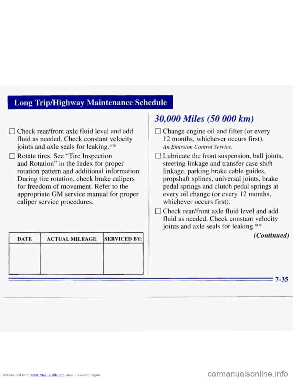 CHEVROLET S10 1996 2.G Owners Manual Downloaded from www.Manualslib.com manuals search engine Long TripMighway Maintenance Schedde
0 Check readfront axle fluid level and add
fluid
as needed. Check constant velocity
joints and CHEVROLET S10 1996 2.G Owners Manual Downloaded from www.Manualslib.com manuals search engine Long TripMighway Maintenance Schedde
0 Check readfront axle fluid level and add
fluid
as needed. Check constant velocity
joints and