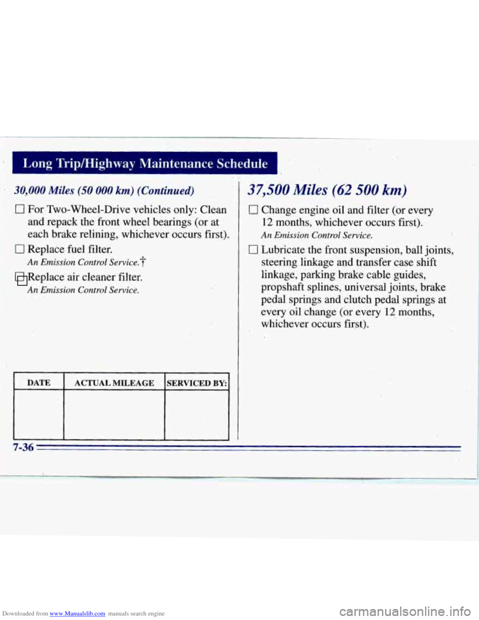 CHEVROLET S10 1996 2.G Owners Manual Downloaded from www.Manualslib.com manuals search engine I Long Tripmighway Maintenance fi Schedule
30,000 Miles (SO 000 km) (Continued)
0 For Two-Wheel-Drive vehicles only: Clean and repack CHEVROLET S10 1996 2.G Owners Manual Downloaded from www.Manualslib.com manuals search engine I Long Tripmighway Maintenance fi Schedule
30,000 Miles (SO 000 km) (Continued)
0 For Two-Wheel-Drive vehicles only: Clean and repack