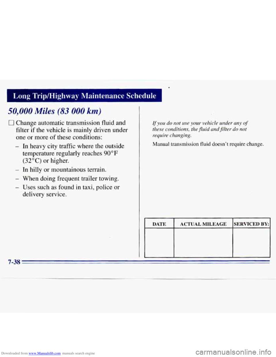 CHEVROLET S10 1996 2.G Owners Manual Downloaded from www.Manualslib.com manuals search engine I Long Tripmighway Maintenance Schedule
50,000 Miles (83 000 km)
0 Change automatic transmission fluid and
filter
if the vehicle is m CHEVROLET S10 1996 2.G Owners Manual Downloaded from www.Manualslib.com manuals search engine I Long Tripmighway Maintenance Schedule
50,000 Miles (83 000 km)
0 Change automatic transmission fluid and
filter
if the vehicle is m