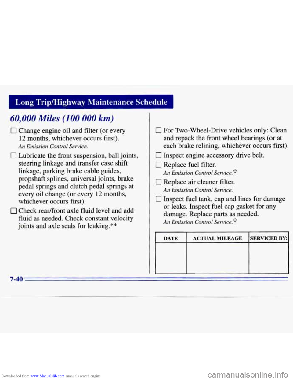 CHEVROLET S10 1996 2.G Owners Manual Downloaded from www.Manualslib.com manuals search engine I
60,000 Miles (100 000 km)
0 Change engine oil and filter (or every
12 months, whichever occurs first).
An Emission Control Service.
0 CHEVROLET S10 1996 2.G Owners Manual Downloaded from www.Manualslib.com manuals search engine I
60,000 Miles (100 000 km)
0 Change engine oil and filter (or every
12 months, whichever occurs first).
An Emission Control Service.
0