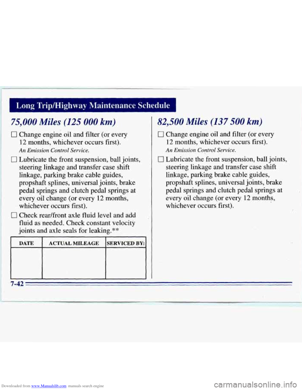 CHEVROLET S10 1996 2.G Owners Manual Downloaded from www.Manualslib.com manuals search engine Long Tripmighway Maintenance Schedule
75,000 Miles (125 000 km)
0 Change engine oil and filter (or every
12 months, whichever occurs fi CHEVROLET S10 1996 2.G Owners Manual Downloaded from www.Manualslib.com manuals search engine Long Tripmighway Maintenance Schedule
75,000 Miles (125 000 km)
0 Change engine oil and filter (or every
12 months, whichever occurs fi