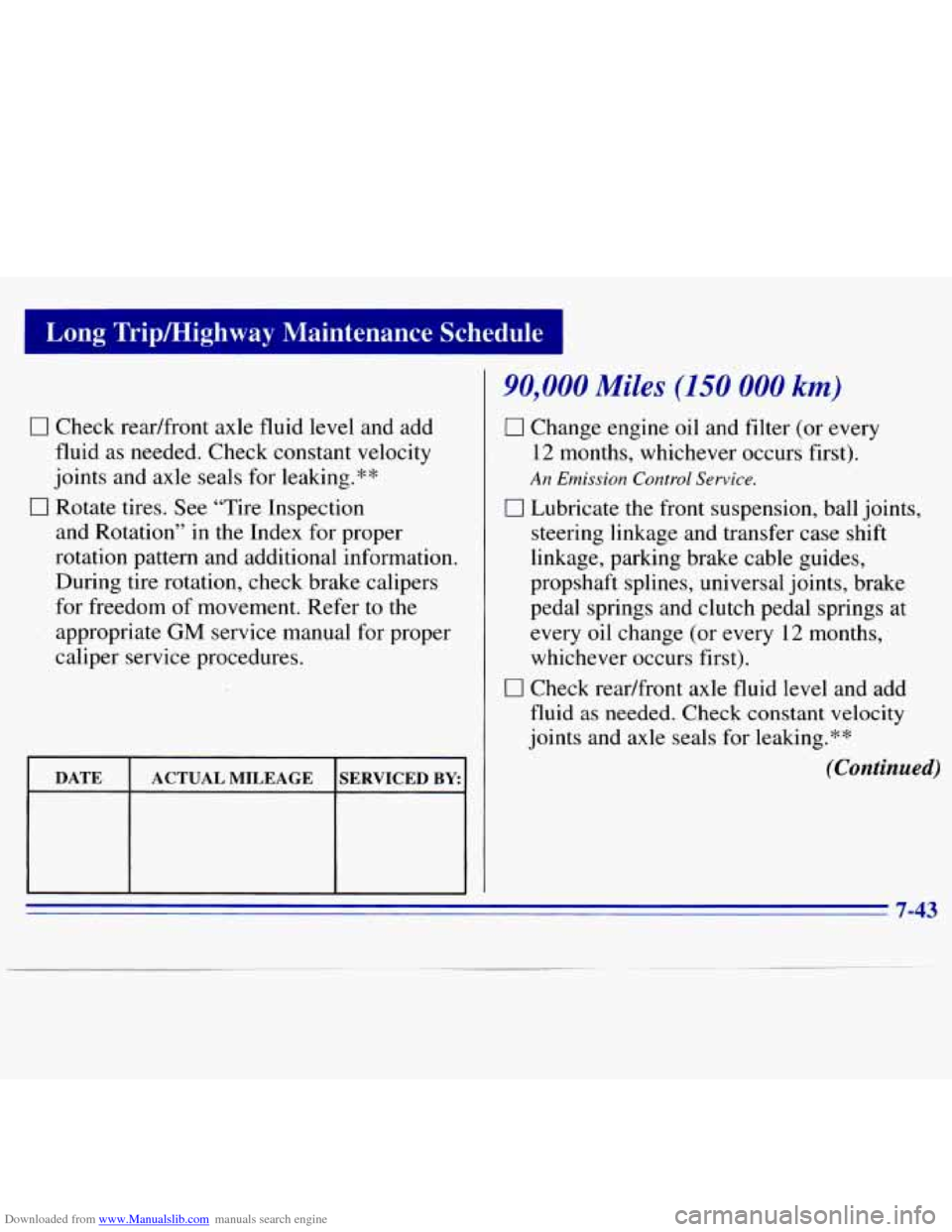 CHEVROLET S10 1996 2.G Owners Manual Downloaded from www.Manualslib.com manuals search engine Long Trip/Highway Maintenance Schedule
0 Check readfront axle fluid level and add
fluid as needed. Check constant velocity
joints a CHEVROLET S10 1996 2.G Owners Manual Downloaded from www.Manualslib.com manuals search engine Long Trip/Highway Maintenance Schedule
0 Check readfront axle fluid level and add
fluid as needed. Check constant velocity
joints a