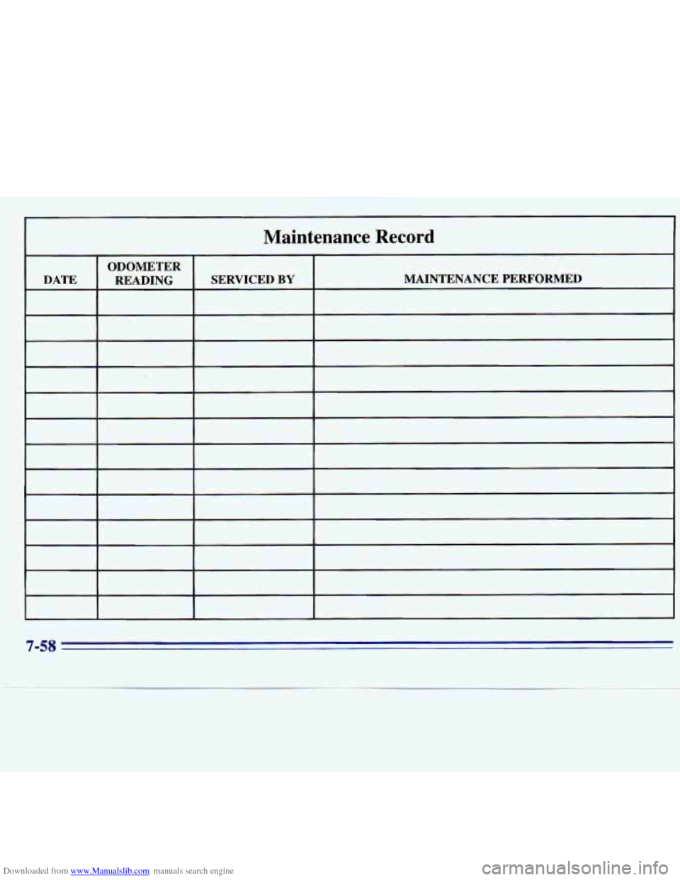 CHEVROLET S10 1996 2.G Owners Manual Downloaded from www.Manualslib.com manuals search engine Maintenance Record
ODOMETER
DATE READING SERVICED
BY MAINTENANCE PERFORMED
7-58 CHEVROLET S10 1996 2.G Owners Manual Downloaded from www.Manualslib.com manuals search engine Maintenance Record
ODOMETER
DATE READING SERVICED
BY MAINTENANCE PERFORMED
7-58