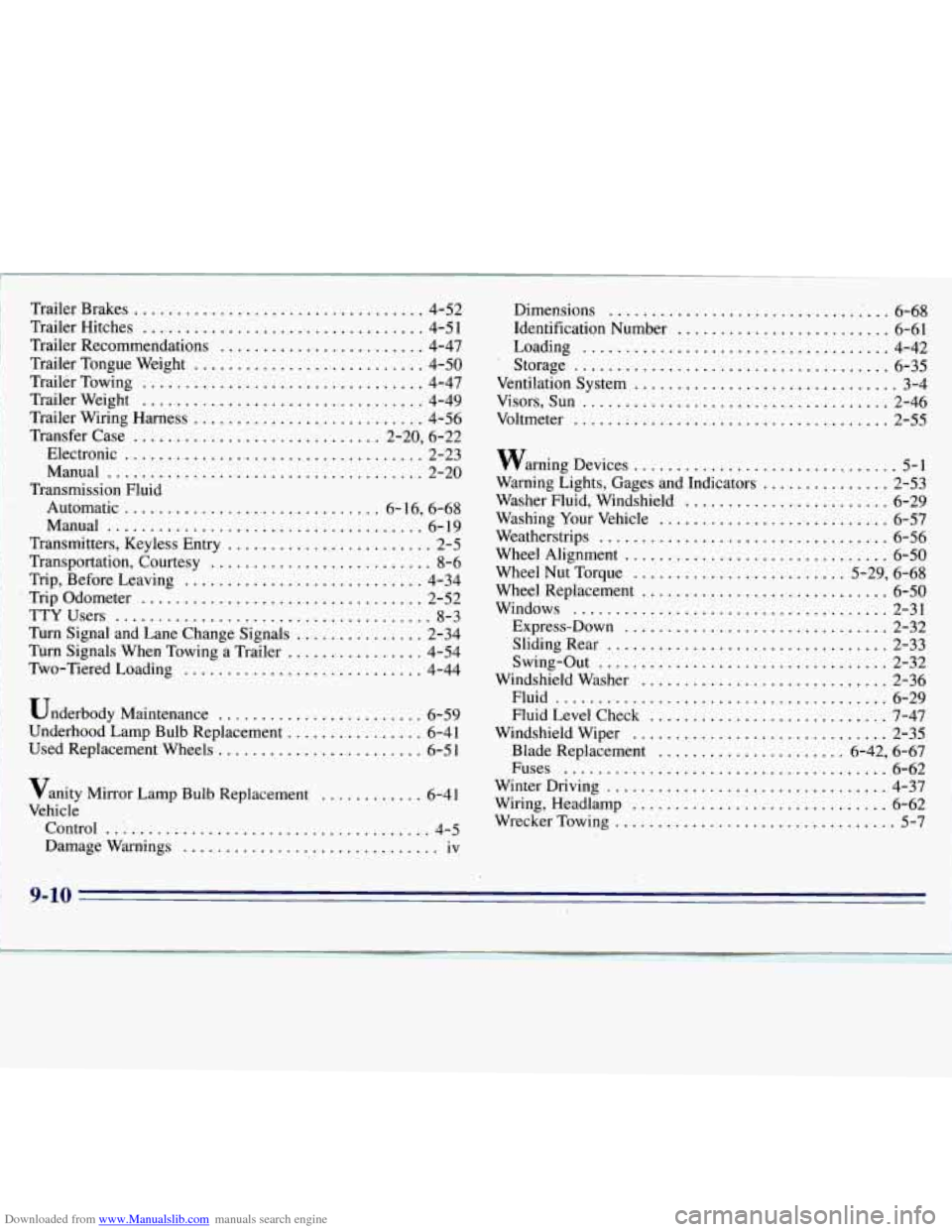 CHEVROLET S10 1996 2.G Owners Manual Downloaded from www.Manualslib.com manuals search engine Trailer Brakes .................................. 4-52
Trailer Hitches
................................. 4-5 1
Trailer Recommendations ... CHEVROLET S10 1996 2.G Owners Manual Downloaded from www.Manualslib.com manuals search engine Trailer Brakes .................................. 4-52
Trailer Hitches
................................. 4-5 1
Trailer Recommendations ...
