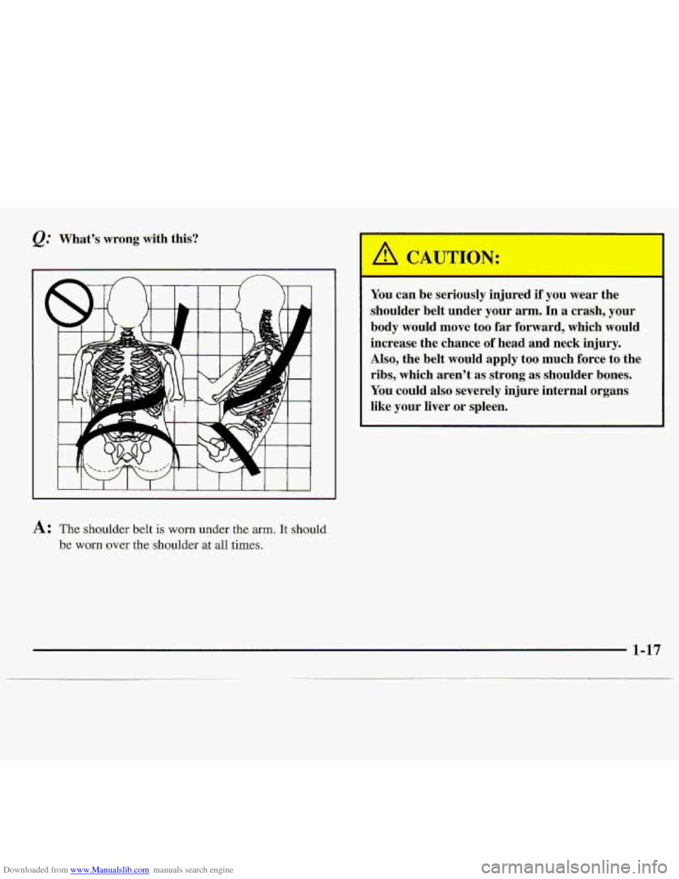 CHEVROLET S10 1997 2.G Owners Manual Downloaded from www.Manualslib.com manuals search engine Q: What’s  wrong  with  this? 
I J L 
You can be seriously  injured if you wear the 
.shoulder  belt  under 
your arm. In a crash,  yo.ur’ 