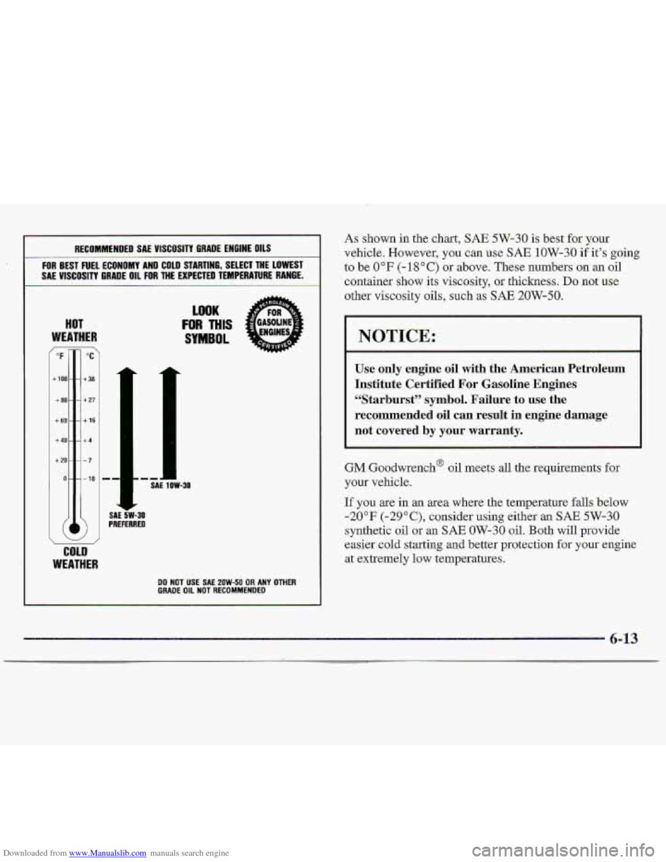 CHEVROLET S10 1997 2.G Owners Manual Downloaded from www.Manualslib.com manuals search engine RECOMMENDED SA€ VISCOSITY GRADE ENGINE OILS 
FOR BEST FUEL ECONOMY AND COLD STARTING,  SELECT THE LOWEST 
SAE 
VISCOSITY GRADE OIL FOR THE EX