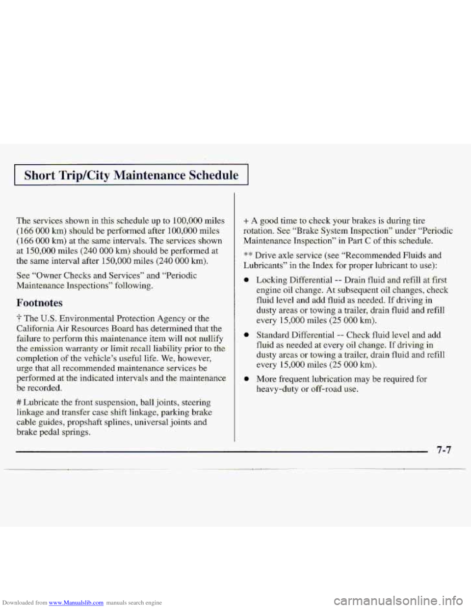 CHEVROLET S10 1997 2.G Owners Manual Downloaded from www.Manualslib.com manuals search engine Short Trip/City Maintenance Schedule
+ A good .time. to check your’ brakes is during tire
rotation.
See: “Brake System Inspection” un CHEVROLET S10 1997 2.G Owners Manual Downloaded from www.Manualslib.com manuals search engine Short Trip/City Maintenance Schedule
+ A good .time. to check your’ brakes is during tire
rotation.
See: “Brake System Inspection” un