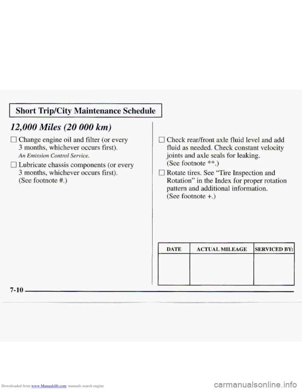 CHEVROLET S10 1997 2.G Owners Manual Downloaded from www.Manualslib.com manuals search engine I Short Trip/City Maintenance Schedule I 
12,000 Miles (20 000 km) 
0 Change engine oil and ,filter (or every 
3 months, whichever occurs -firs