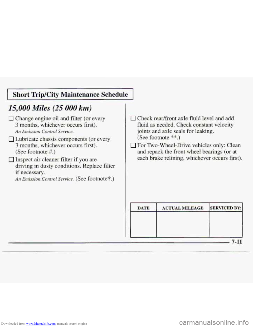 CHEVROLET S10 1997 2.G Owners Manual Downloaded from www.Manualslib.com manuals search engine I .Short Trip/City Maintenance Schedule I
15,000 Miles (25 000 km)
0 Change engine oil and filter (or every
3. months, whichever occ-urS fi CHEVROLET S10 1997 2.G Owners Manual Downloaded from www.Manualslib.com manuals search engine I .Short Trip/City Maintenance Schedule I
15,000 Miles (25 000 km)
0 Change engine oil and filter (or every
3. months, whichever occ-urS fi